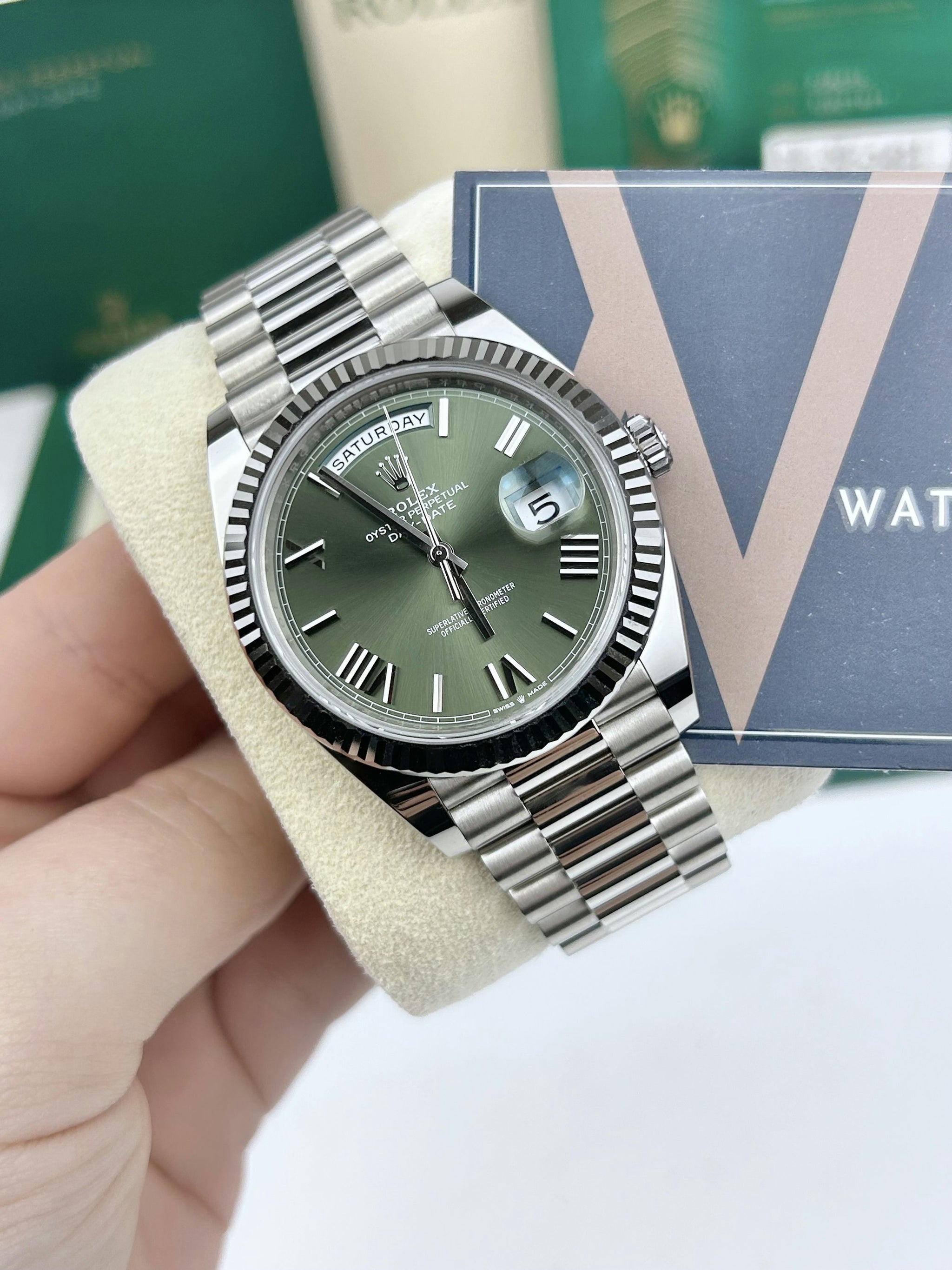 Rolex Daydate 40- White Gold Presidential- 2022 228239 Olive