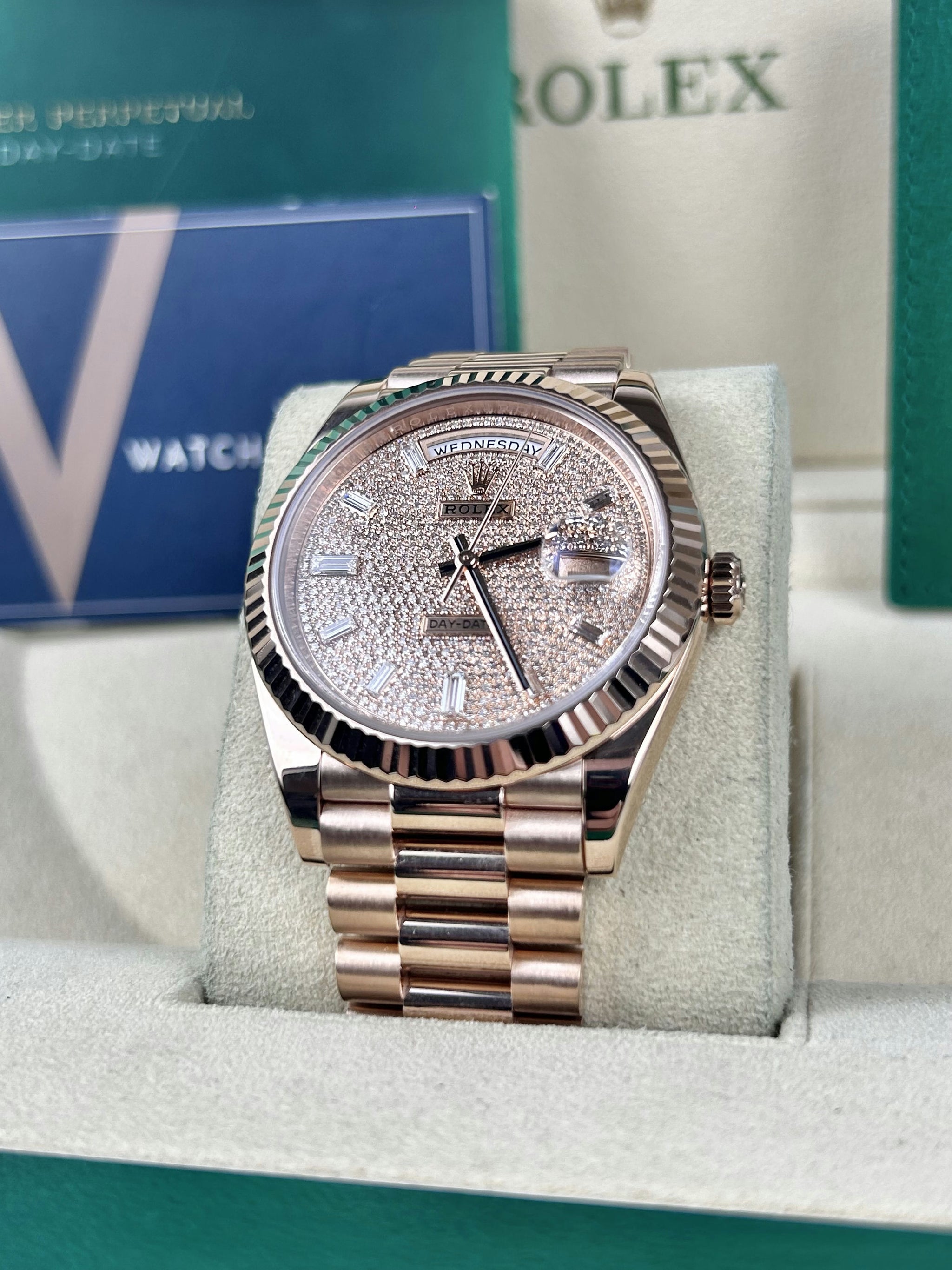 Rolex Day Date 40 Diamond Pave Dial 228235 2022 Everose Gold The Watch Boutique